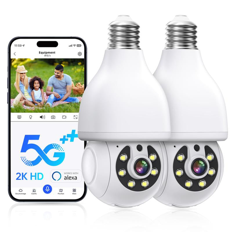 Light Bulb Security Camera, 2.4G/5G Wifi Security Cameras ,360° Monitoring, Auto Tracking, 24/7 Recording, Color Night Vision, Works with Alexa Wifi Home Wifi Pantilt