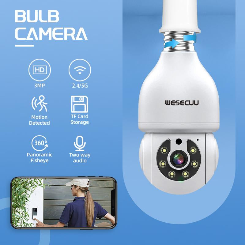 Light Bulb Security Camera, 2.4G/5G Wifi Security Cameras ,360° Monitoring, Auto Tracking, 24/7 Recording, Color Night Vision, Works with Alexa Wifi Home Wifi Pantilt