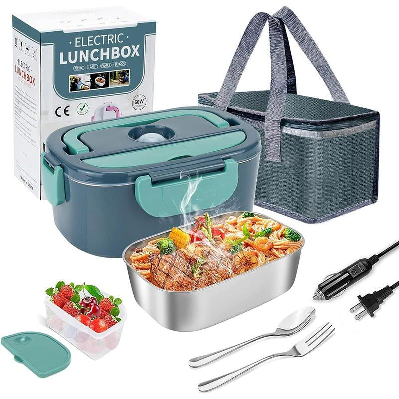 60W Electric Lunch Box with Removable Container Kitchen Gadgets, 3-In-1 Food Warmer Box Tableware with Fork & Spoon for Picnic, Fast Heating Lunch Box for Car Office, Electric Food Heater, Kitchen Accessories