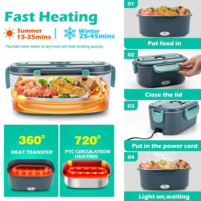 60W Electric Lunch Box with Removable Container Kitchen Gadgets, 3-In-1 Food Warmer Box Tableware with Fork & Spoon for Picnic, Fast Heating Lunch Box for Car Office, Electric Food Heater, Kitchen Accessories