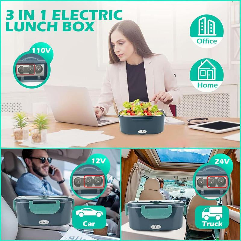 60W Electric Lunch Box with Removable Container Kitchen Gadgets, 3-In-1 Food Warmer Box Tableware with Fork & Spoon for Picnic, Fast Heating Lunch Box for Car Office, Electric Food Heater, Kitchen Accessories