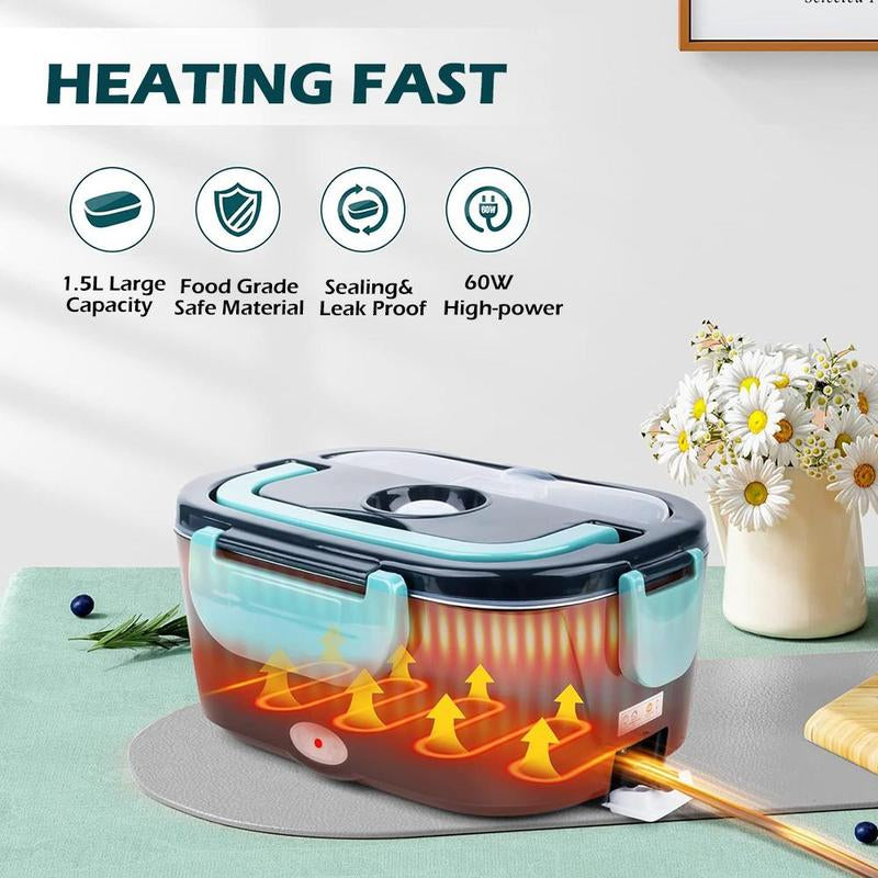 60W Electric Lunch Box with Removable Container Kitchen Gadgets, 3-In-1 Food Warmer Box Tableware with Fork & Spoon for Picnic, Fast Heating Lunch Box for Car Office, Electric Food Heater, Kitchen Accessories