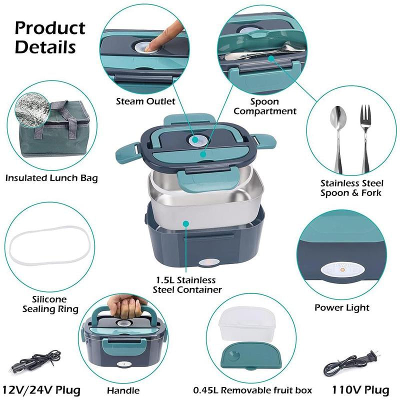 60W Electric Lunch Box with Removable Container Kitchen Gadgets, 3-In-1 Food Warmer Box Tableware with Fork & Spoon for Picnic, Fast Heating Lunch Box for Car Office, Electric Food Heater, Kitchen Accessories