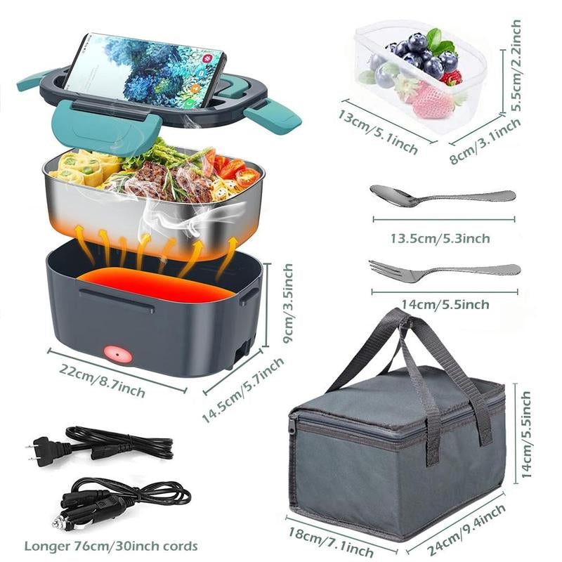 60W Electric Lunch Box with Removable Container Kitchen Gadgets, 3-In-1 Food Warmer Box Tableware with Fork & Spoon for Picnic, Fast Heating Lunch Box for Car Office, Electric Food Heater, Kitchen Accessories